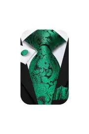 Mens 70 inches Tie Set Extra Long Necktie With Cufflinks Emerald Green Paisley