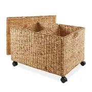 Rolling Storage Basket Cart w/ Lid, Woven Wicker Divided Recycling Bin, Natural
