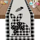 Easter Table Runner, Bunny Black and White Buffalo Plaid with Carrot Rabbit Farm