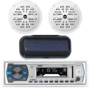 Pyle Marine In-Dash AM/FM Radio MP3 USB SD AUX iPod Input, 4" Speakers, Cover