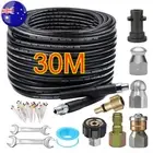 30M Pressure Washer Drain Cleaner Jet Pipe 1/4 Connect 5 Nozzle Sewer Jetter Kit
