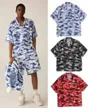 A BATHNIG APE Men's PALM TREE CAMO OPEN COLLAR POCKET SS SHIRT 1L30132306 rz
