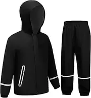 [Dekomere] Kids Rain Suit Jacket and Pants Set with Reflective Strips Adjustable Hood Flap Pocket for Boys Girls