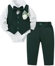 [SANMIO] Baby Boy Clothes Suits Infant Gentleman Outfit Collared Dress Shirt+Vest+Tie+Corsage+Pants 5Pcs Baby Suit Sets Green 6-12 Months, Green