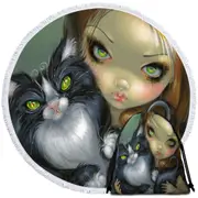 Girl with Tricksy Tuxedo Cat Round Beach Towel