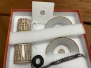 New HERMES Porcelain Coffee Cup & Saucer Set Mosaique Au 24 Gold 2 Cup 2 Saucer