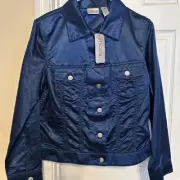 Chicos Evening Shiny Royal Blue & Silver Button Jacket Shirt Top Size 1