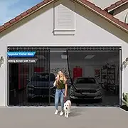 Sliding Garage Door Screen 16x7FT for 2 Car Garage Doors, Fiberglass 4200g/9.3 lb Durable Heavy Duty Mesh, Retractable Garage Door Screen for Patio, Outdoor (Black, 16 * 7FT)