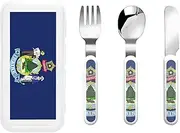 Maine State Flag 3 Piece Set For Camping Stainless Steel Flatware, Spoon, Fork, Knife, Ideal For Outdoor