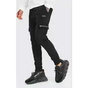 Mens Black MAN Zip Detail Cargo Joggers With Adjustable Cuff