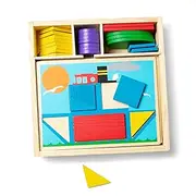 Melissa & Doug Beginner Wooden Pattern Blocks Educational Toy With 5 Double-Sided Scenes and 30 Shapes