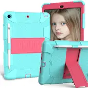 Silicone+PC Case 3-Layer Anti-fall Protective Cover Tablet Stand For iPad 7 10.2 inch(2019)-4aqua hotpink