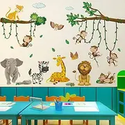 Large Jungle Animal Wall Decals, Animal Party Windows for Early Education Children's Room, Nursery Decorated With Giraffe Elephant Monkey Tree Branches
