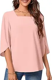 [TAOHUADAO] Women Summer Tops 3/4 Sleeve Square Neck T-Shirt Casual Chiffon Blouse M-2XL