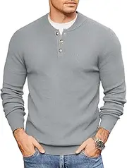 [COOFANDY] Men Henley Knit Sweater Dress Long Sleeve Button Pullover Sweater Casual Sweater Lightweight Slim Fit Tops