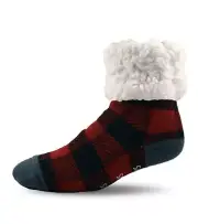 PUDUS Slipper Socks Lumberjack Red Black Buffalo Plaid White Fleece NEW