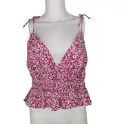 Sim & Sam Women's Peplum Crop Top Size XL Magenta Floral Print V-Neck Open Back