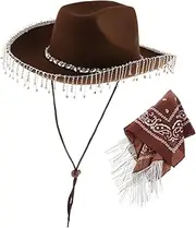 [Wzmzjy] Rhinestone Fringe Cowboy Hat And Bandana Set, Rhinestone Tassels, White Cowgirl Hat, Party Western Hat