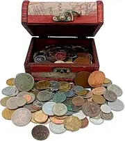 Treasure of Coins - Coins Collection - 1 Lb of Coins + a 18th Century Coin + Wooden Treasure Chest