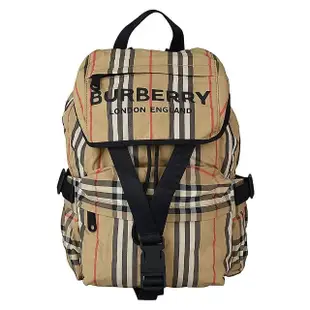 【BURBERRY 巴寶莉】BURBERRY ICON STRIPE經典格紋尼龍後背包(小/米)