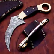Custom Made Hand Forged Damascus blade KARAMBIT with Wenge Wood & hole to grip
