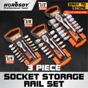 3Pc Socket Rails 66 Socket Holder Space Organiser Garage Rack 1/4" 3/8" 1/2"