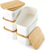 Plastic Storage Bins with Bamboo Lids and Stackable Storage Baskets for Shelves