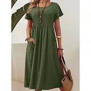 Women's Midi Dress A Line Dress Summer Dress Casual Daily Regular Fit Plain Short Sleeve Crew Neck Red Navy Blue Army Green Summer