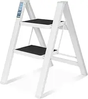 2 Step Ladder, SPIEEK Folding Step Stool with Wide Anti-Slip Thickened Pedal, Foldable Ladder 330 Lbs Capacity, Kitchen Step Stool for Adults, Lightweight Folding Ladder, White