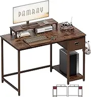 Pamray 98cm Computer Desk with Monitor Stand Small Home Office Desks with Non-Woven Storage Drawer for Bedroom Study Table Writing and Work Desk Vintage,Brown Leg