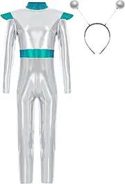 [Loodgao] 2Pcs Little Girls Boys Space Alien Outfit Metallic Bodysuit with Headwear Festival Show Suits