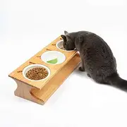 Elevated Pet Bowl Raised Dog Bowl Cat Food Feeder Combined with Bamboo Stand and 3 Ceramic Bowls
