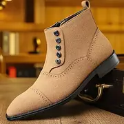 Men's Beige Lace-Up Ankle Boots with Round Toe and Classic Stitching, Vintage Business-Casual Footwear for Office, Urban Walking and Smart Daily Outfits