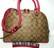 Coach 2558 Katy Satchel Khaki Signature Canvas Fuchsia Pink Leather Bag NWT $350
