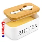 Ceramic Butter Dish Box Storage Tray Container w/ Bamboo Lid & Butter Cutter A