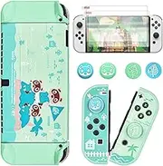 DLseego Case for Nintendo Switch OLED, Shock Absorption and Anti-Scratch PC Case with 2 Tempered Glass Film and 4 Thumb Grip Compatible with Switch OLED 2021 Release, Animal Crossing