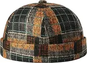 Mens Brimless Hats Multicolor Plaid Stitching Pattern Landlord Hats Brimless Skull Cap Adjustable Docker Cap(Yellow)
