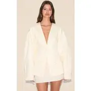 Ecru Cocoon Sleeve Cinched Waist Pocket Blazer, Ecru