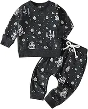 [HEOXIN] Toddler Baby Boy Clothing Sets, Baby Boy Sweatshirt + Trousers 2 Pieces Set, Newborn Campfire and Leaf Print Top, Drawstring Tracksuit with Pockets for 6 Months - 4 Years, Black