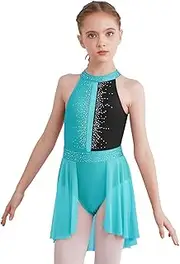 [Sinleey] Girls Sleeveless Ballet Dance Latin Salsa Ice Skating Dress Kids Shiny Diamond Leotard with High Low Skirts