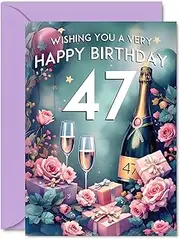 47th Birthday Card - Pink Presents Champagne Bottle - Gorgeous Pretty Beautiful Birthday Cards for 47 Year Old Woman Women, 5x7 Inch Greeting Cards Gift