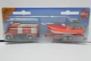 Siku DieCast car Unimog Rosenbauer Fire Engine Trailer & Boat # 1636