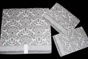 3 INSPIRATO Sculpted Plush Grey Leaf Filigree Bath Hand Fingertip Towels NWT