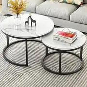 [Uandhome] Nesting Coffee Table Set of 2,Round Coffee Table Wood Grain Top,for Living Room,Round Wooden Accent Coffee Table with Solid Powder-Coated Metal Frame(Black & White)