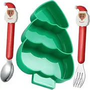 Hoement Christmas Tree Decorative Plates Divided Boys and Girls Plate Mealtime Essential with Fork Spoon Set Holiday Tableware