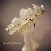 Kentucky Derby Fascinator Big Ascot Hat Gold Palm Leaf White Orchid Del Mar Hat