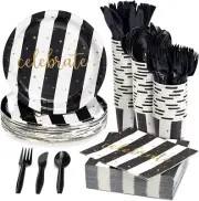 Suministros Para Fiestas En Blanco Negro Platos Celebracion a Rayas Servilletas