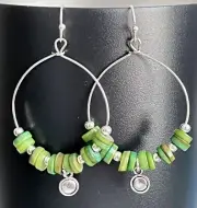 Beautiful Silver and Green Shell Heishi Bead Hoop Earrings.