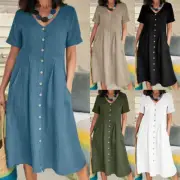 Women Cotton Linen V Neck Dress T-shirt A-Line Midi Sundress Summer Beach