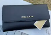 MICHAEL KORS JET SET TRAVEL LARGE TRIFOLD LEATHER WALLET Black / Gold